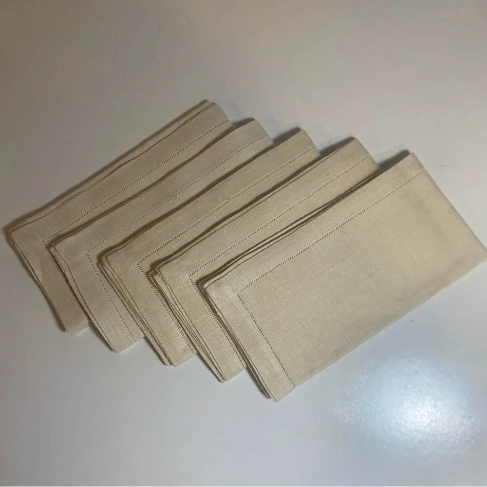 Set Of 5 Ivory Linen Hemstitch Border Napkins 16” Square